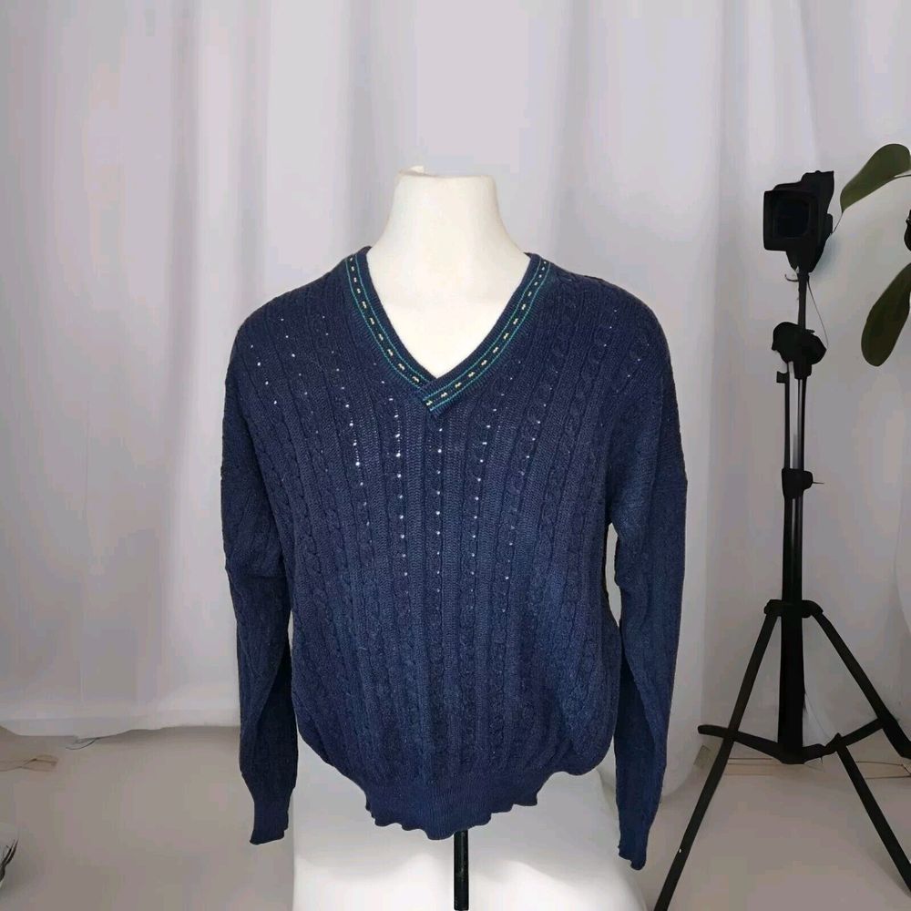 Alan Paine XL Men's Knitwear V-neck Cotton Cable Knit Crickey‎ Jumper Vtg